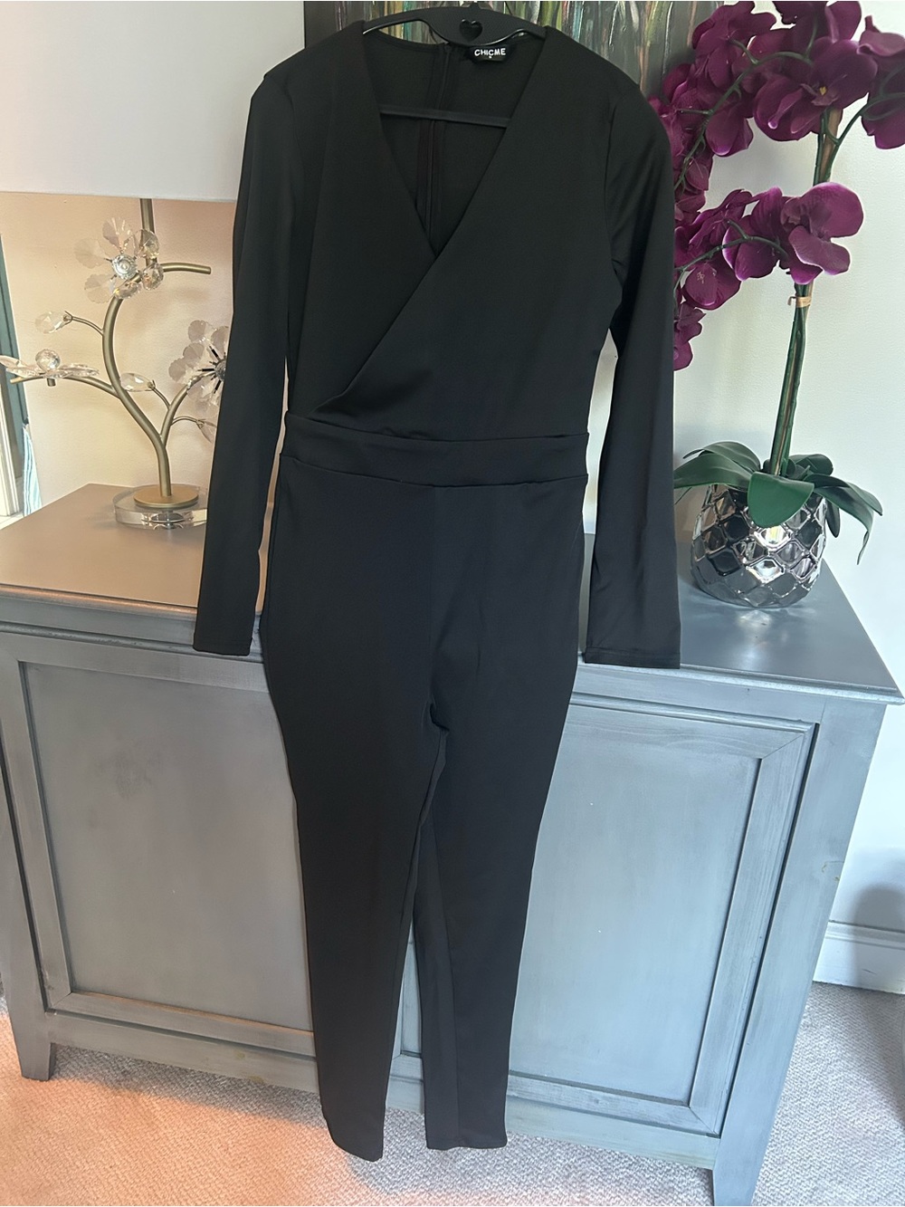 CHICME Sz M Black Long Sleeve Jumpsuit Back Zip Slim Leg  Stretchy EUC